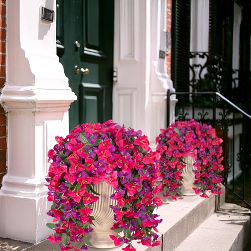 INXUGAO 2 pcs Artificial Faux Bougainvillea Flowers Plants for Outdoor Outside Summer Decoration, Fake Silk UV Resistant Long Trailing Vines for Front Door Porch Planter Balcony (Rose Deep Lotus)