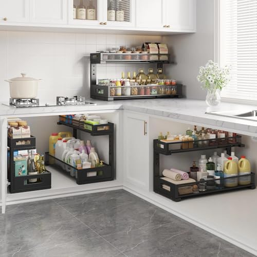 Image of 2 Pack 20.47IN Depth Under Sink Storage Organizer, Large 2-Tier Elegant Mesh Pull Out Shelf for Kitchen and Bathroom Cabinet Organization, L-Shaped and Adjustable Height Design-Black