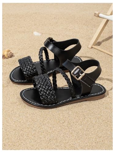 Image of GORGLITTER Girl's Leather Ankle Strap Flat Sandals Dressy Braided Round Open Toe Summer Vacation Beach Cute Sandals 2025