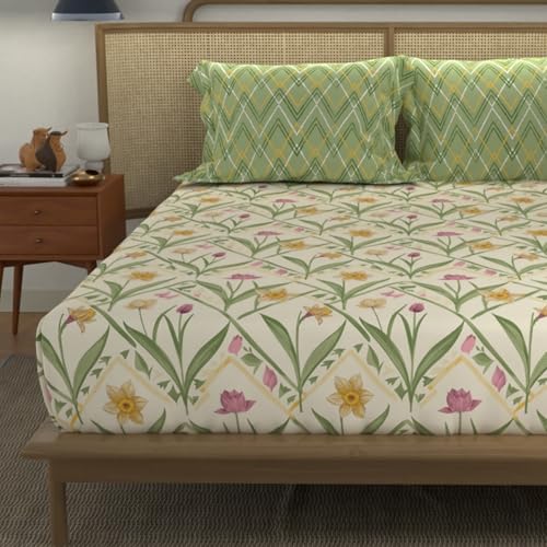Image of Urban Space Divine 100% Cotton King Fitted Size Bedsheet, 144 TC Super Soft Elastic bedsheets for King Size Bed, Floral Design King bedsheet with 2 Pillow Covers (72 inch x 78 inch, Spring Sage Green)