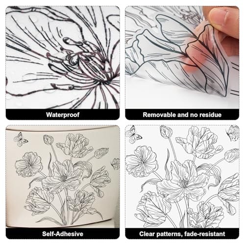 Fumwase FUMWASE20240105 2 Pcs Toilet Tank And Seat Stickers Set With Different Patterns Monochrome Floral Butterfly Toilet Stickers Decals Removable Waterproof Self-Adhesive Toilet Lid Decals thumb #2