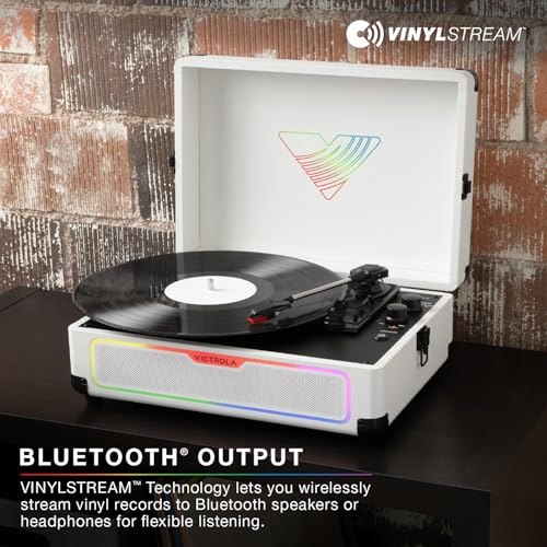 Image of Victrola Journey Glow - Lightshow Bluetooth Suitcase Record Player - Black | Suitcase turntable, 18 RGB light modes, built-in stereo speakers, two-way Bluetooth (VINYLSTREAM out), RCA and headphone jack