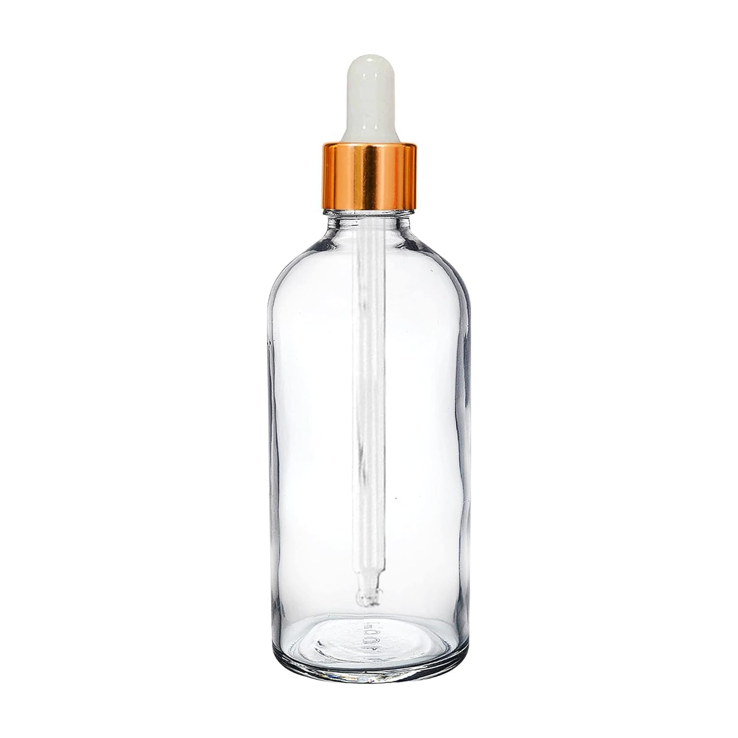 100 ml clear/transparent round empty glass bottle + dropper + gold ring + silcon white teat (pack of 1) refillable, leak proof for essential oils, perfumes