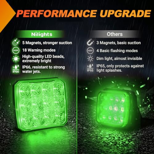 Image of Nilight Magnetic Strobe Lights 2PCS Green 12 LED Rechargeable Warning | 18 Flash Patterns Waterproof Wireless Emergency Hazard Beacon for Trucks Trailers Snow Plows Buses Cars
