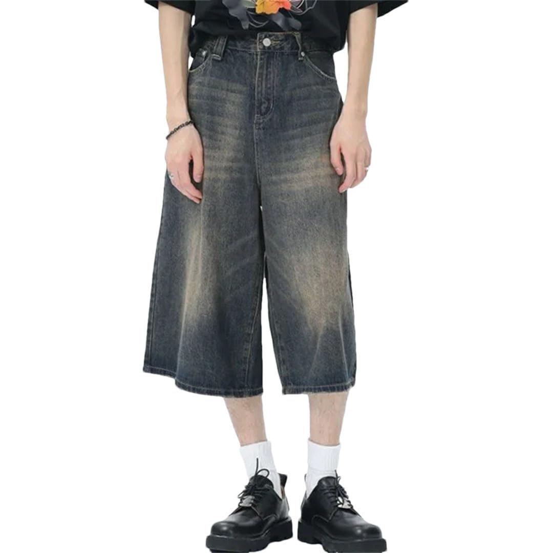 Damskie dżinsy retro unisex styl szerokie nogawki wysoka talia luźne krótkie spodenki, Niebieski retro, L