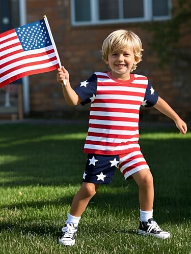 Image of Tkria Boys Patriotic Outfit 4th of July Short Sets Kids 2 Pieces Summer Short Sleeve T-Shirts and Shorts Clothes Sets
