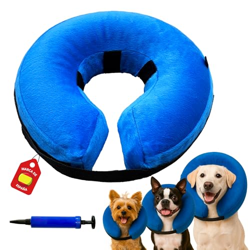 RODARMA® Collar Isabelino Perro Inflable + Inflador | Collarín Perros para no Rascarse Heridas Ajustable, Post operación. (Azul, M)