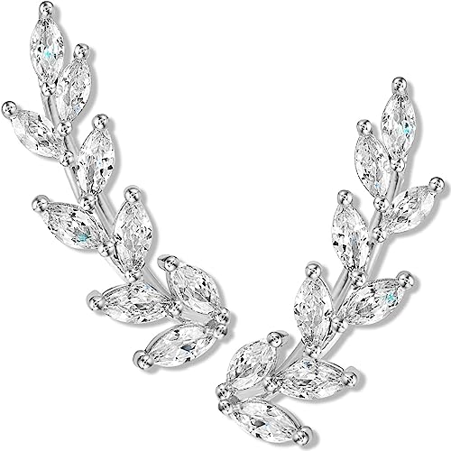 Ear Climber Earrings for Women - 925 Sterling Silver Plated Ear Crawler Earrings for Women, Boho...