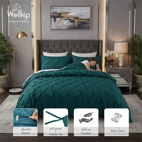 Image of Wellkip Pinch Pleated Duvet Cover Set 1000TC 100% Cotton Premium 3-Pieces 1-Duvet Cover & 2-Pillow Cover Luxury Look Home and Hotel Zipper & 8-Tie Closure (Teal, King 92 X 106 Inch)