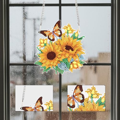 Image of AiYuanzsh Sunflower Butterfly Diamond Painting Hanging Ornament Kit - DIY 5D Crystal Art Suncatcher for Home Wall Window Decoration, Handmade Craft Gift for Adults