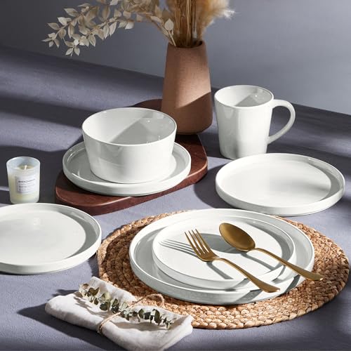 Homikit Geschirr Set, 18-tlg Steinzeug Geschirrset Tafelservice 6 Personen, Essgeschirr mit Dessertteller Müslischüsseln Speiseteller, Klassisch Weiß mit Speckles, Mikrowellen- und Spülmaschinenfest