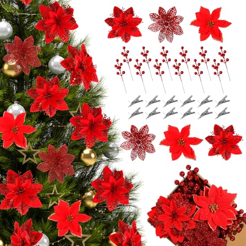 Poinsettias Artificial Christmas Flowers Decorations - 30 Pcs 3 Styles