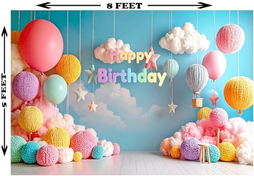 Image of Happy Birthday Pastel Balloon Backdrop 8x5 Ft Cute Kids Birthday Party Decoration Background for Home,Studio & Photography