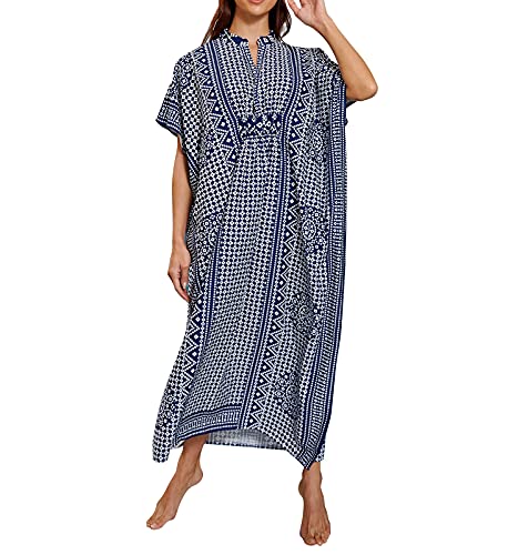 Hoperay Swimsuit Cover Ups for Women Beach Dresses, GreenEmbroidered Caftans Long Sleeve Floral Print Kaftans Side Split Summer Beachwear, One Size