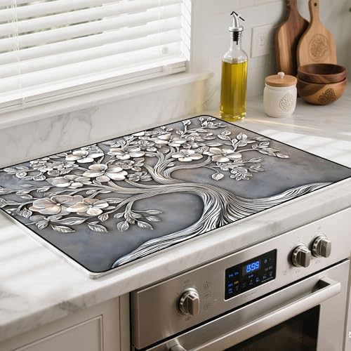 BSFHH Heat-Resistant Glass Stove Top Cover with Anti-Slip Rubber Coating – Electric Stove Protector, Scratch-Resistant, Expands Counter Space, Stylish Kitchen Decor (Tree, 30' x 21')