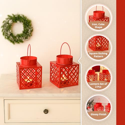Image of MARKET 99 Set of 2 Red Metal Lanterns | Cube Square Etching Design with Glossy Finish | Decorative T-Light Candle Holders for Home, Xmas & Christmas Decor, Balcony & Festive Lighting