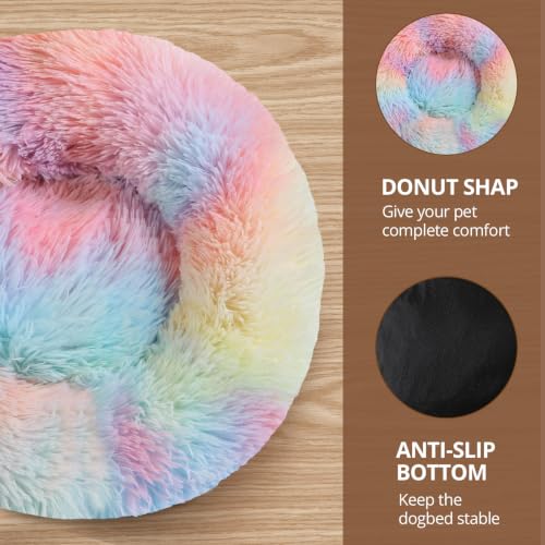 Image of JOLLYVOGUE Calming Dog Beds Extra Large Sized Dog, 45in Donut Washable Large Pet Bed, Anti-Slip & Anti-Anxiety Fluffy Faux Fur Round Dogs Bed, Fits up to 125 lbs Pets (Rainbow)