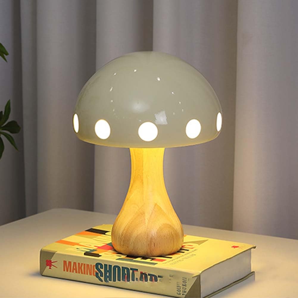 LED Pilz Lampe Rot Mushroom Tischleuchte Holz Dimmbare 3 Farbmodi Tischlampe Innen Pilz Dekor Nachttischlampe mit Kabel Schalter Schreibtischlampe Modern Wohnzimmer Beleuchtung Lichte,Beige
