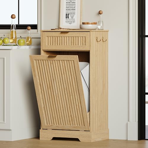 METOTI Fluted Trash Cabinet in Natural Oak