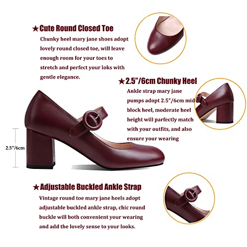 MOOMMO Women Classic Mary Jane Heels Pumps Shoes Ankle Strap Closed Round Toe Dress Sandals Chunky Block Heels Comfort Wedding Party Evening Pump Mid Heel Basic Office Work Shoes Elegant 4-11 M US2