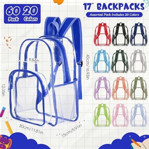 Image of Amylove 60 Pcs Clear Backpack bulk for Stadium Events Heavy Duty PVC Transparent Bookbag for College Workplace Security (17 Inches,20 Colors)