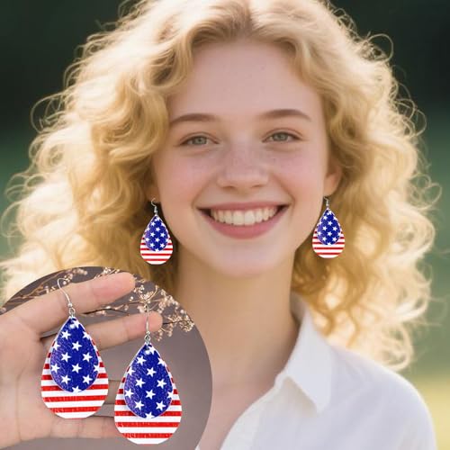 4th of July Patriotic Earrings for Women Memorial American Flag USA Dangle Leather Jewelry Day Independence Fourth of July Outfits Accessories3
