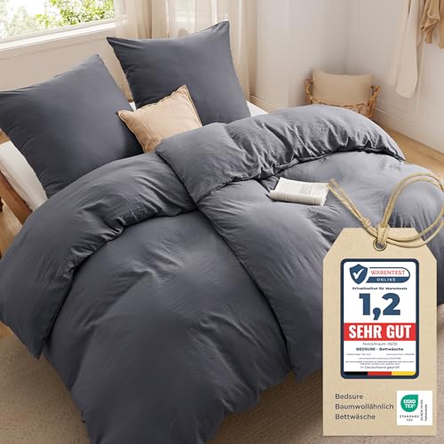 BEDSURE Bettwäsche 135x200 4teilig Bettbezug - Weiche Baumwollähnlich Bettwäsche-Set 135 x 200 cm 2er Set mit 2 Kissenbezüge 80x80 cm, ÖKO-TEX Deckenbezug Bedding Anthrazit Grau mit Reißverschluss