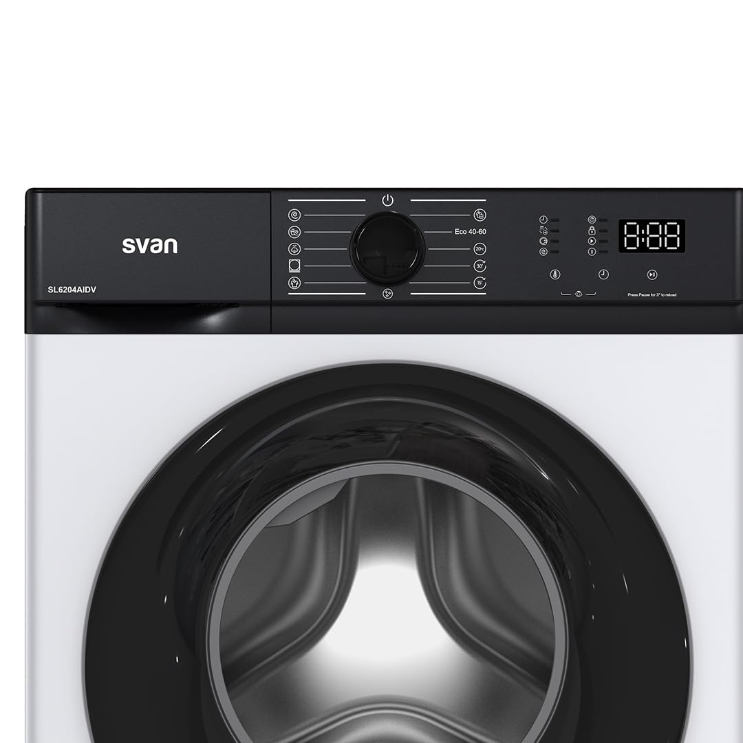 Svan Lavadora 6 Kg Carga Frontal, Blanca, SL6204AIDV. Motor Inverter, Clase de Eficiencia Energética A, Display Pequeño, Eco-Logic System, Tambor Acero Inoxidable, 15 Programas