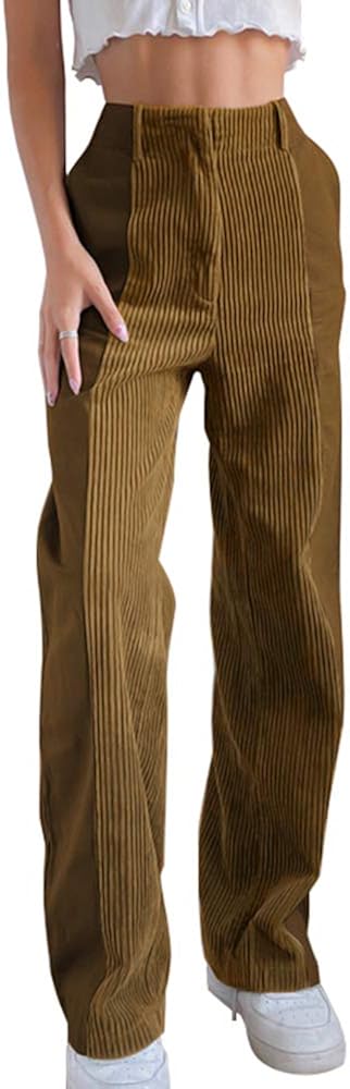 Patchwork corduroy high waist straight pants Clearance
