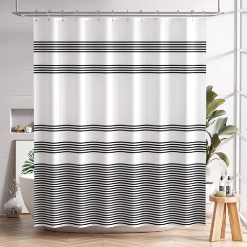 AmazerBath Shower Curtain, Washable Cloth Black Shower Curtain Sets with 12 Shower Curtain Hooks, Fabric Rustic Black and White Striped Curtain, Farmhouse Bathroom Curtains, 72×72 Inches