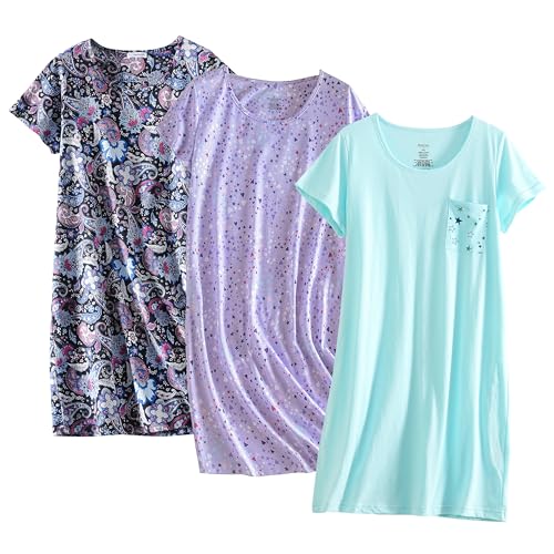 Image of PNAEONG 3 Pack Women's Cotton Nightgown Short Sleeve Shirt Print Sleepdress