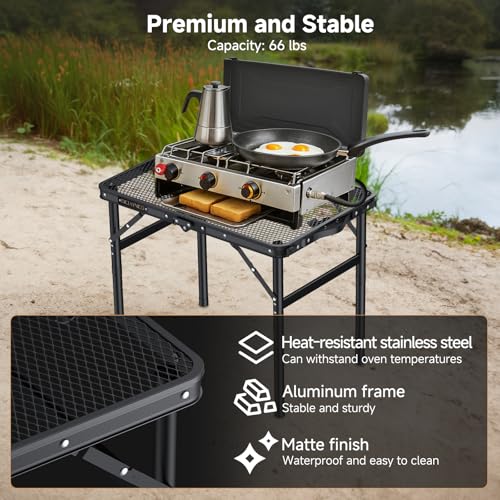 Image of Folding Camping Table, 22.8 inchx15.7 inch Picnic Table, 3 Adjustable Height | 2-Fold Mesh Black Aluminum, Handle for Party Dining Garden Patio, Max 27.5 inch Folding Table