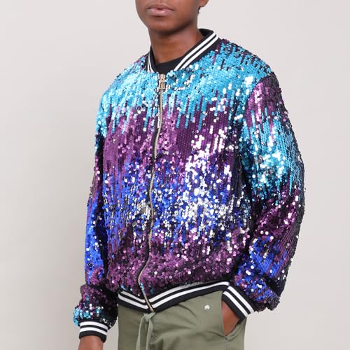 Image of YIYI Mens Sequin Jacket Bomber Sparkly Striped Varsity Glitter Jacket Male Party Outwear Coat Birthday Holiday Clothes