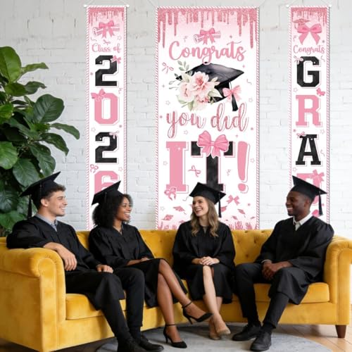 Image of Pink Graduation Decorations Class of 2026 Congrats Grad Banner and You Did It Door Cover for High School College Grad Party Supplies