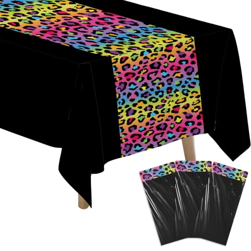 Owelleny Rainbow Cheetah Leopard Party Decorations Tablecloth, Black, 3Pcs