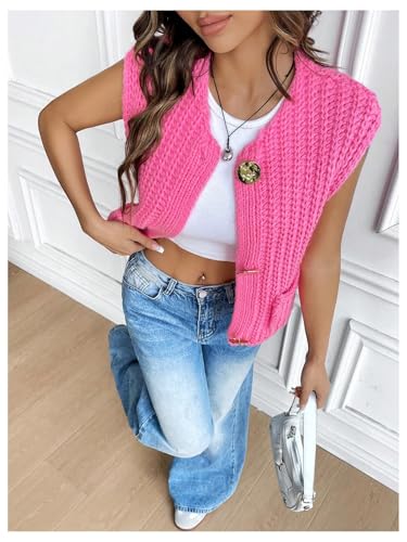 Image of GORGLITTER Women's Cropped Sweater Vest Sleeveless Button Up Cardigan Cute Holiday Knit Sweater Tank Tops Dressy Casual Hot Pink X-Large
