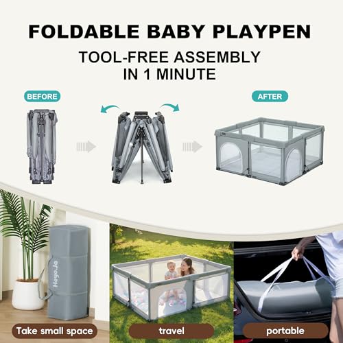 Image of Foldable Playpen with Detachable Thicken Mat,59x71 Inches Portable Playpen,Collapsible Play Pen for Babies and Toddlers,Indoor & Outdoor Baby Fence Play Area,Cold Gray