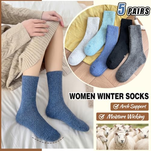 Image of EBMORE 5 Pairs Women Merino Wool Boot Socks Warm Thermal Winter Thick Hiking Cozy Cabin Crew Comfy Socks for Ladies