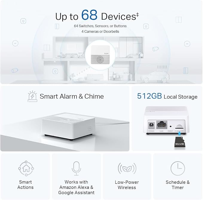 TP-Link Tapo Smart Hub with Built-In Chime, REQUIRES 2.4GHz Wi-Fi, Connect up to 64 Smart + 4 Camera Devices, Sub-1G Low-Power Wireless Protocol, 512GB Local Storage, Tapo H200