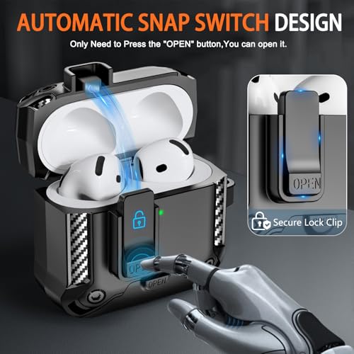 Image of for AirPods 4 Case with Lock & Phone Stand(Black) | Automatic Snap Switch Lock,Carbon Fiber Texture Design Cover with Cleaner Kit