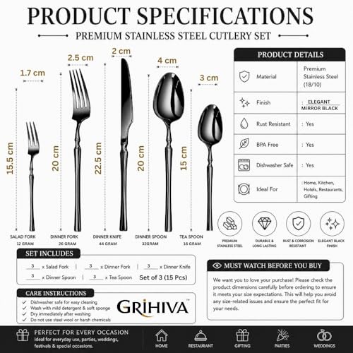 Image of 15 Pcs Black Cutlery Set for Dining Table the Perfect Lightweight Silim Handle Tableware Including Dinner Spoon, Dinner Fork, Dinner Knife, Dessert Spoon & Dessert Fork