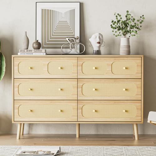 Image of SINROM 6 Drawer Double Dresser for Bedroom, Rattan Dresser with Gold Handles, Boho Chest of Drawers with Deep Drawers for Living Room