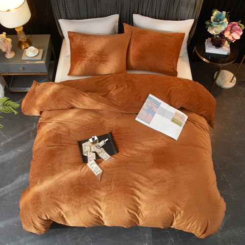 Ivellow Velvet Duvet Cover Queen Set Burnt Orange Queen Comforter Cover 3Pcs Ultra Soft Breathable Solid Luxury Flannel Velour Duvet Cover Zipper Closure Corner Tie