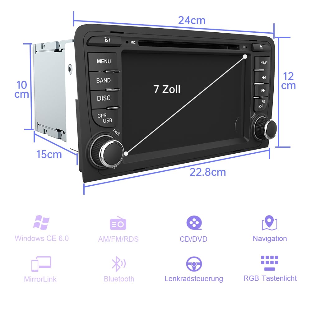 Junsun 2-DIN Autoradio für Audi A3/S3/RS3 2003–2012, 7 Zoll Touchscreen mit CD/DVD-Laufwerk, Lenkradsteuerung, MirrorLink, USB, Bluetooth, FM/AM Radio