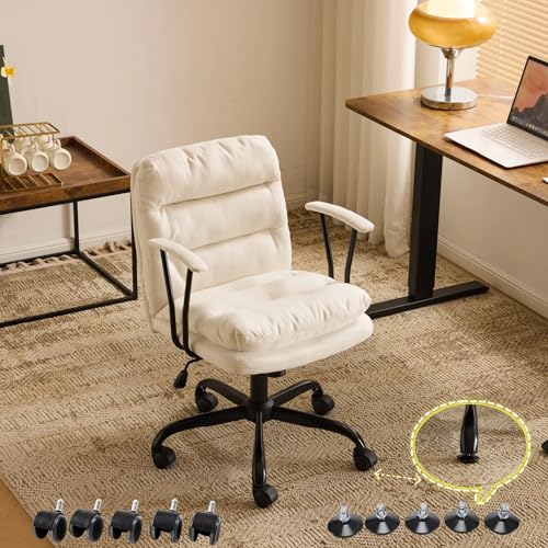 VINGLI Padded White Desk Chair with/No Wheels,Dual-Base,Removable Armrests,Adjustable Comfy Rolling Swivel Computer Task Nail Tech Chair for Home Office,Sewing,Makeup Vanity,Teen,Linen Fabric