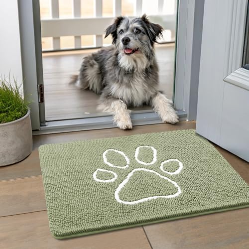 Image of Smiry Dog Door Mat for Muddy Paws, Absorbent Dirt Trapper Non Slip Quick Dry Washable Chenille Mat for Mud Dogs, Entry Rug for Indoor and Outdoor (24x16 Inches, Sage Green and White)
