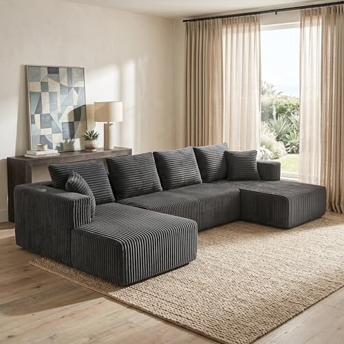 Image of 132 inch Boneless Couches for Living Room, U Shaped Modular Sectional Corduroy Comfy Cloud Memory Foam Deep Seat Boneless Sofa, No Assembly Required Couch for Living Room with Double Chaise, Gray