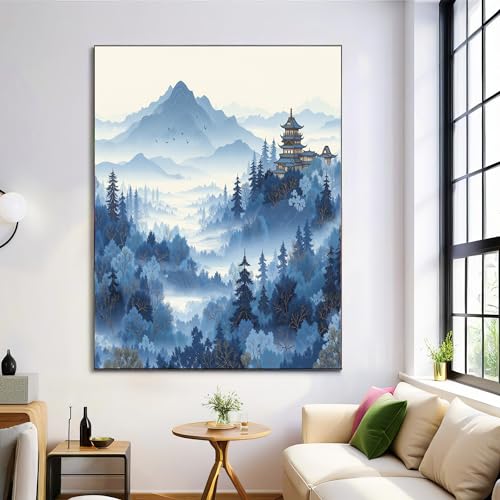 Peinture paysage chinoise bleu : décoration murale grand format