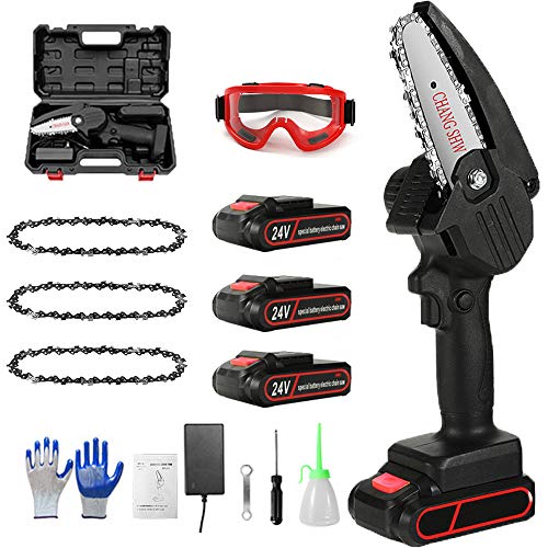 Mini Tronconneuse a Batterie Tronçonneuse Électrique Sans Fil Mini Scie À Chaîne Petite Scie Électrique Portative Domestique Scie à chaîne Trois batteries et trois chaînes,black+box Cover