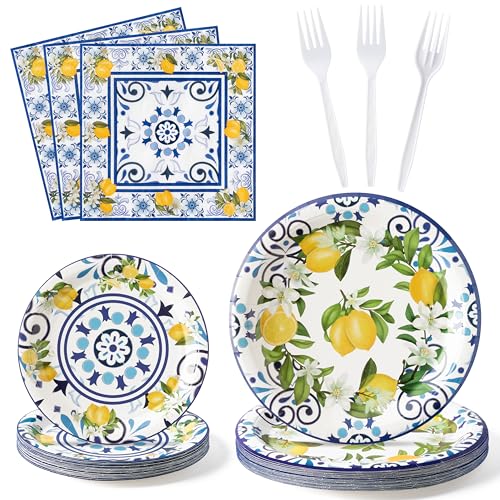 G1ngtar 96Pcs Capri Lemon Party Plates Supplies Blue Tiles Yellow Lemon Party Tableware Decorations Summer Citrus Fruit Disposable Paper Plates Napkins Forks for Kids Birthday Baby Shower, Serves 24